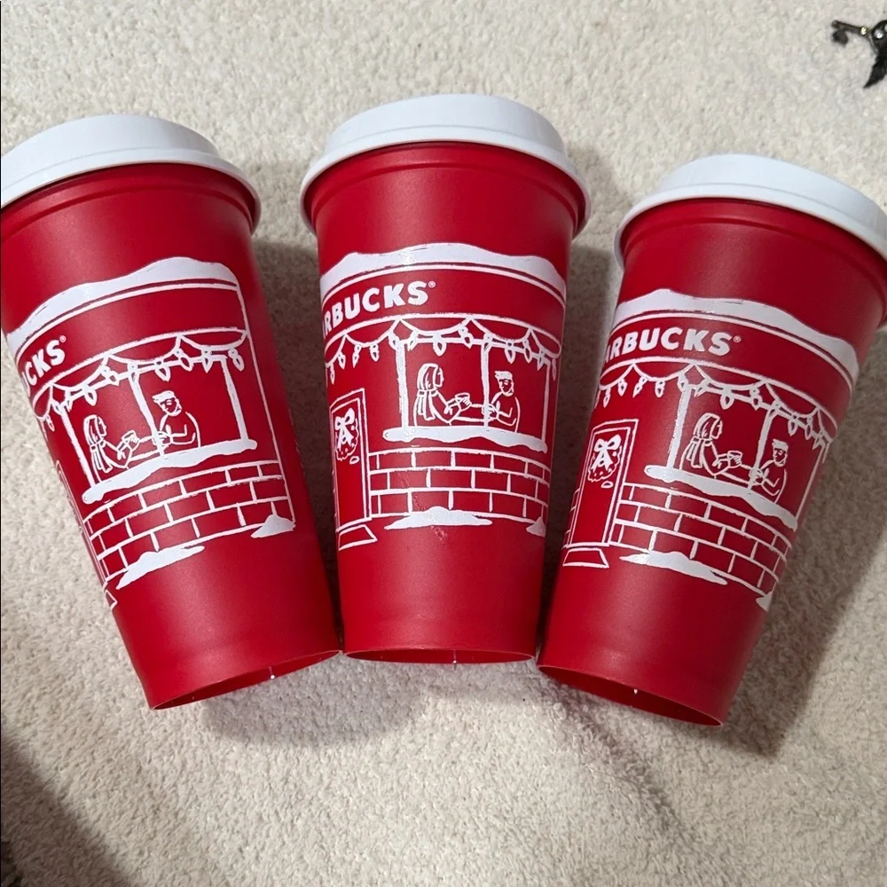 New 3 Starbucks Festive Red Cups with White Design - Picture 3 of 7